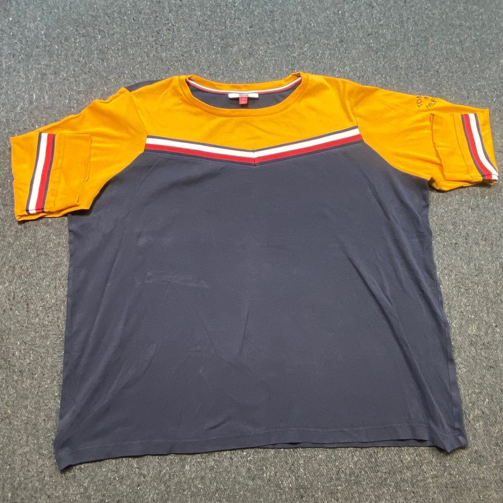 Tommy Hilfiger Denim TShirt Sz 2X Womens Navy Yellow Colorblock Chevron Logo
